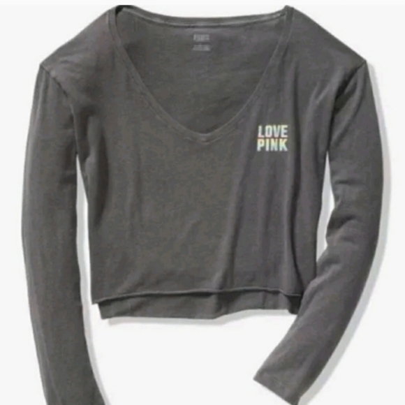 PINK Victoria's Secret Tops - PINK BY VICTORIAS SECRET Love Pink gray pastel rainbow cropped long sleeve top